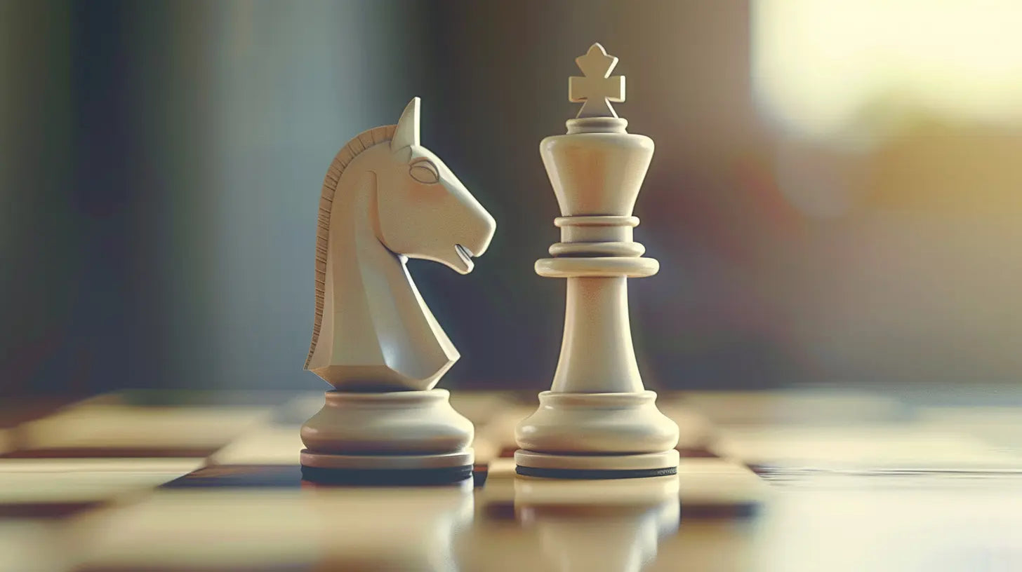 Figury szachowe – król i skoczek – metafora strategicznego przywództwa.