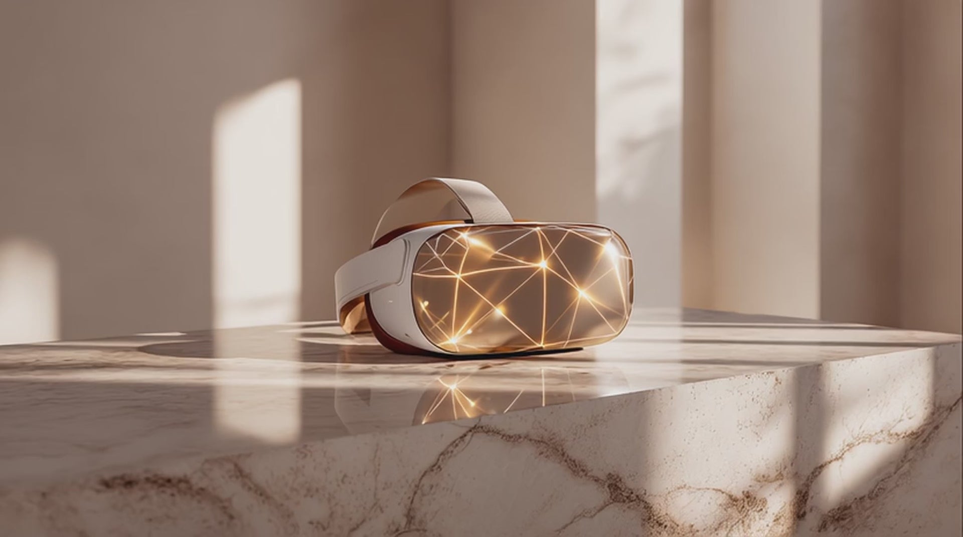 Złote gogle VR na marmurowym tle – innowacje i przyszłość technologii w biznesie.